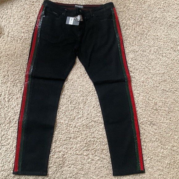 Men’s black jeans with red/green sequence stripes on the side. Barabas size 38 - Picture 2 of 3